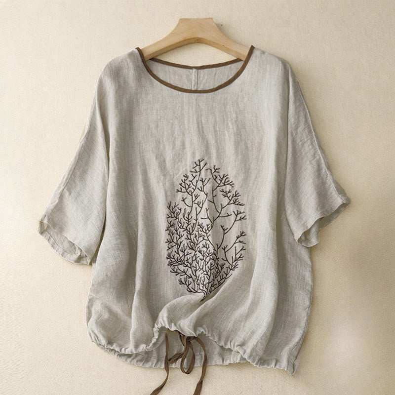 T-shirt da donna a maniche corte con scollo rotondo e coulisse, con ricamo di un albero e motivo Buddha Stones. - Grigio chiaro - manica corta - US14, UK/AU18, EU46 (2XL) - image 0