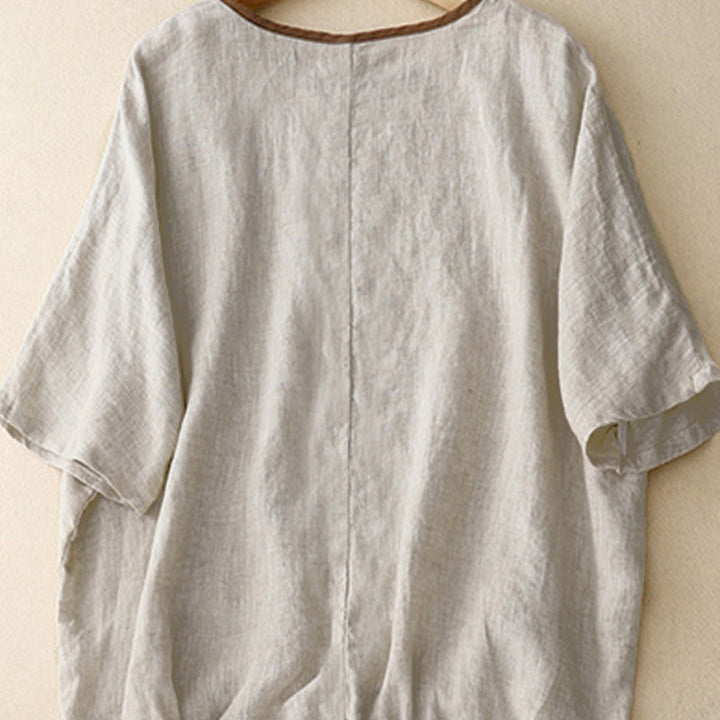 T-shirt da donna a maniche corte con scollo rotondo e coulisse, con ricamo di un albero e motivo Buddha Stones. - image 3