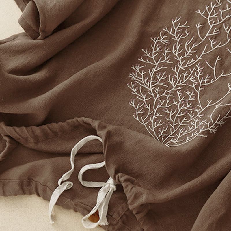 T-shirt da donna a maniche corte con scollo rotondo e coulisse, con ricamo di un albero e motivo Buddha Stones. - image 14