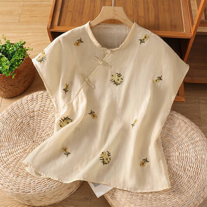 Buddha Stones Canotta estiva casual da donna con colletto alla coreana e ricami floreali. - Beige - US12, UK/AU16, EU44 (2XL) - image 0