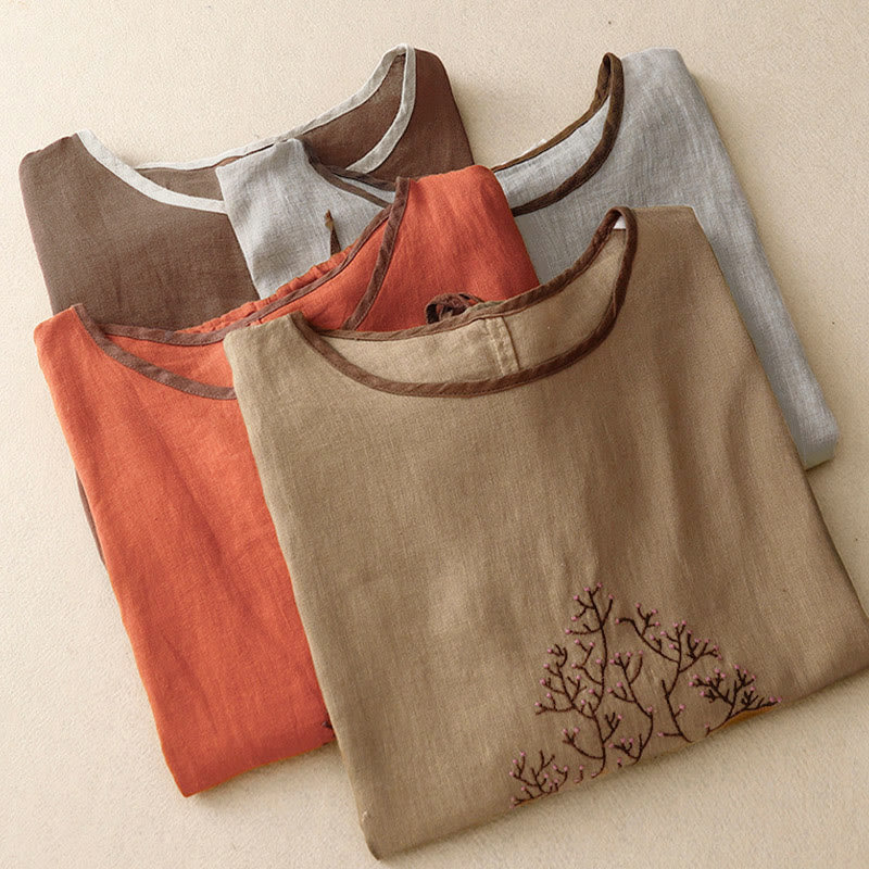 T-shirt da donna a maniche corte con scollo rotondo e coulisse, con ricamo di un albero e motivo Buddha Stones. - image 27