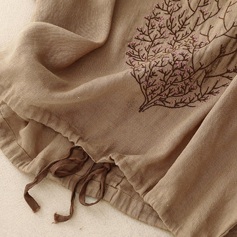 T-shirt da donna a maniche corte con scollo rotondo e coulisse, con ricamo di un albero e motivo Buddha Stones. - image 16