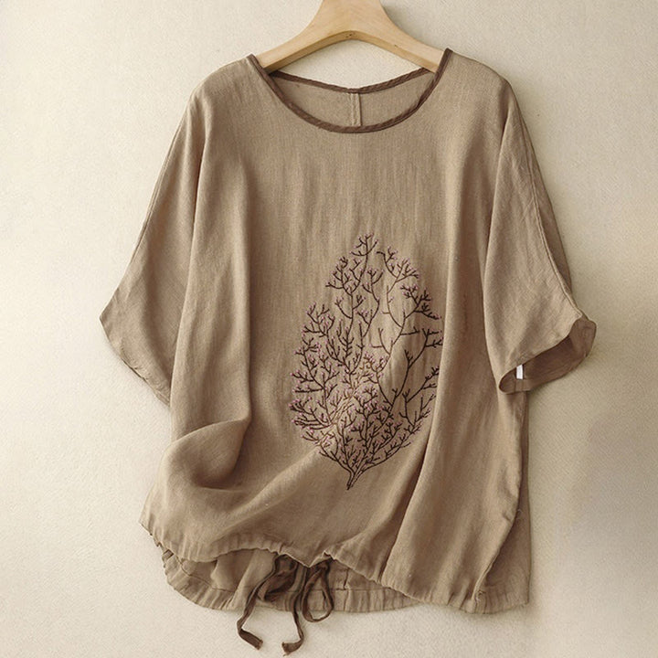 T-shirt da donna a maniche corte con scollo rotondo e coulisse, con ricamo di un albero e motivo Buddha Stones. - Oliva - manica corta - US14, UK/AU18, EU46 (2XL) - image 15