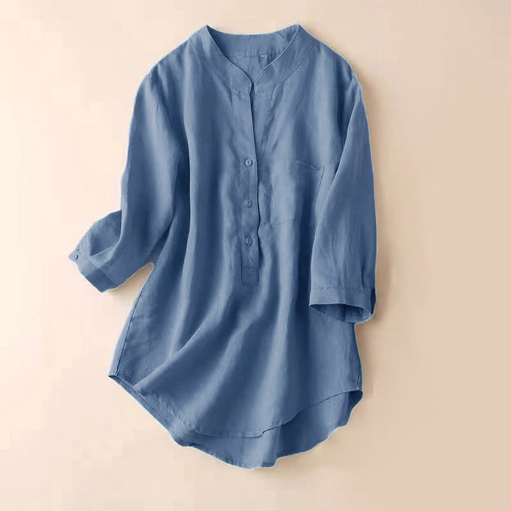 Camicia casual da donna in cotone e lino con scollo a V e maniche a tre quarti, motivo Buddha Stones - Blu acciaio chiaro - US12, UK/AU16, EU44 (3XL) - image 0