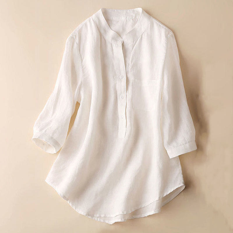 Camicia casual da donna in cotone e lino con scollo a V e maniche a tre quarti, motivo Buddha Stones - Bianco - US12, UK/AU16, EU44 (3XL) - image 12