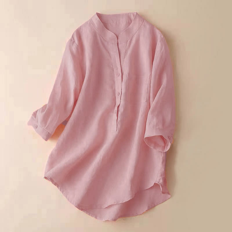 Camicia casual da donna in cotone e lino con scollo a V e maniche a tre quarti, motivo Buddha Stones - 	Salmone - US12, UK/AU16, EU44 (3XL) - image 7