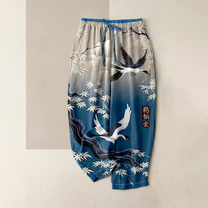 Buddha Stones Eleganti pantaloni da donna in puro cotone con motivo gru e bambù, vita elasticizzata e tasche. - SteelBlue - US16, UK/AU20, EU48 (3XL) - image 0