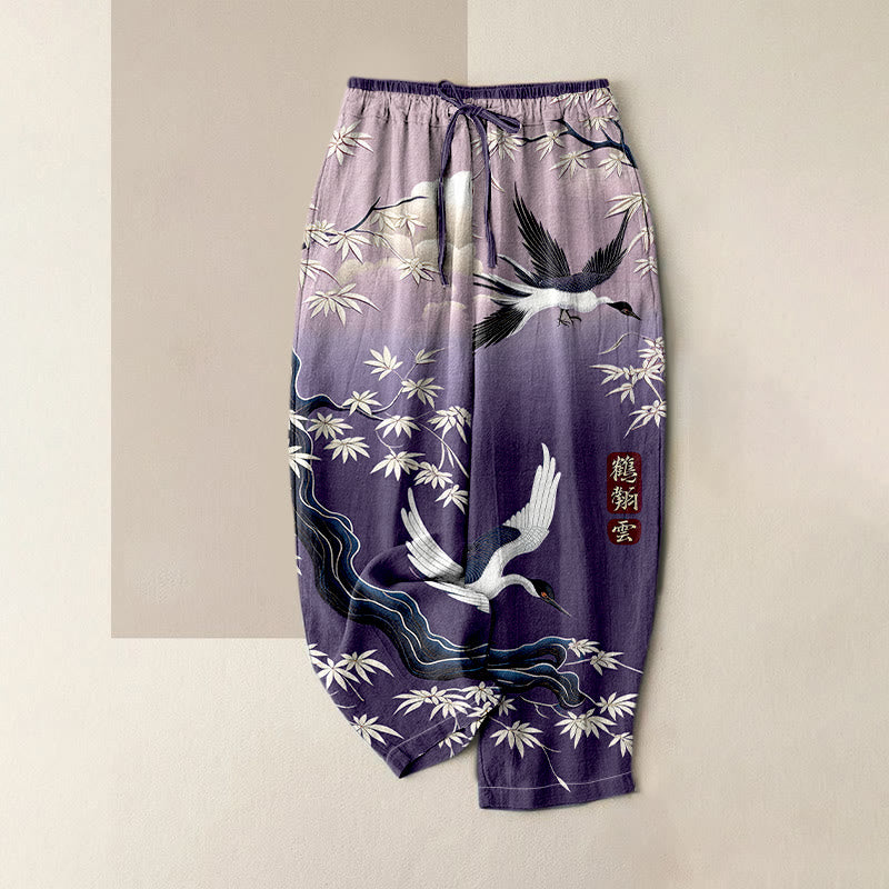 Buddha Stones Eleganti pantaloni da donna in puro cotone con motivo gru e bambù, vita elasticizzata e tasche. - Viola medio - US16, UK/AU20, EU48 (3XL) - image 3