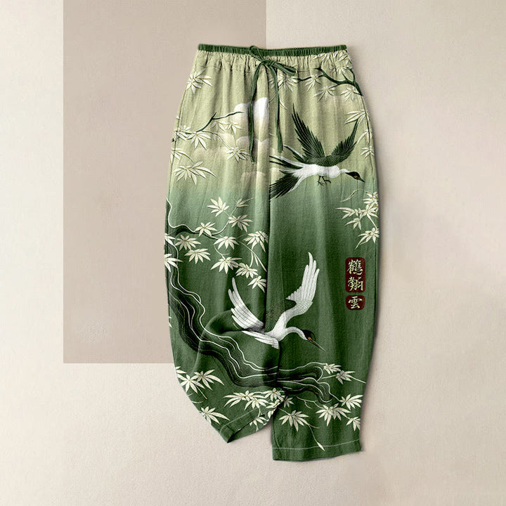 Buddha Stones Eleganti pantaloni da donna in puro cotone con motivo gru e bambù, vita elasticizzata e tasche. - Verde - US16, UK/AU20, EU48 (3XL) - image 3