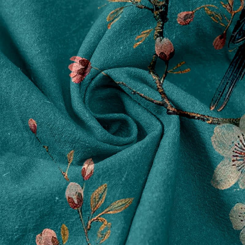 Buddha Stones Eleganti pantaloni da donna in puro cotone con elastico in vita e tasche, fantasia a fiori di ciliegio e uccelli. - image 2