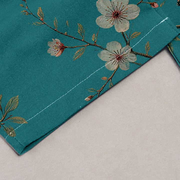 Buddha Stones Eleganti pantaloni da donna in puro cotone con elastico in vita e tasche, fantasia a fiori di ciliegio e uccelli. - image 1