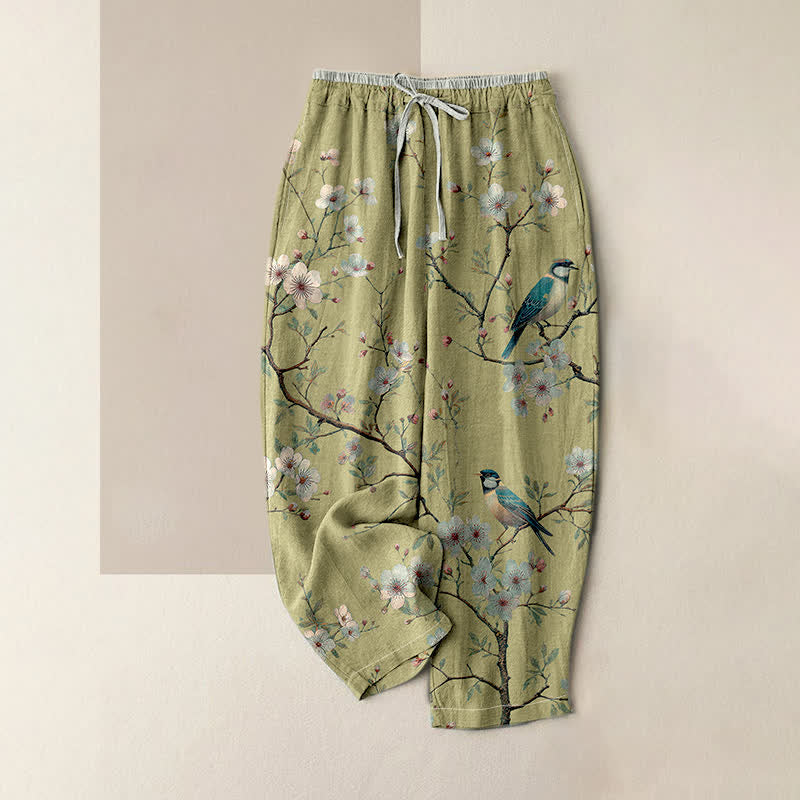 Buddha Stones Eleganti pantaloni da donna in puro cotone con elastico in vita e tasche, fantasia a fiori di ciliegio e uccelli. - Verde Giallo - US16, UK/AU20, EU48 (3XL) - image 3