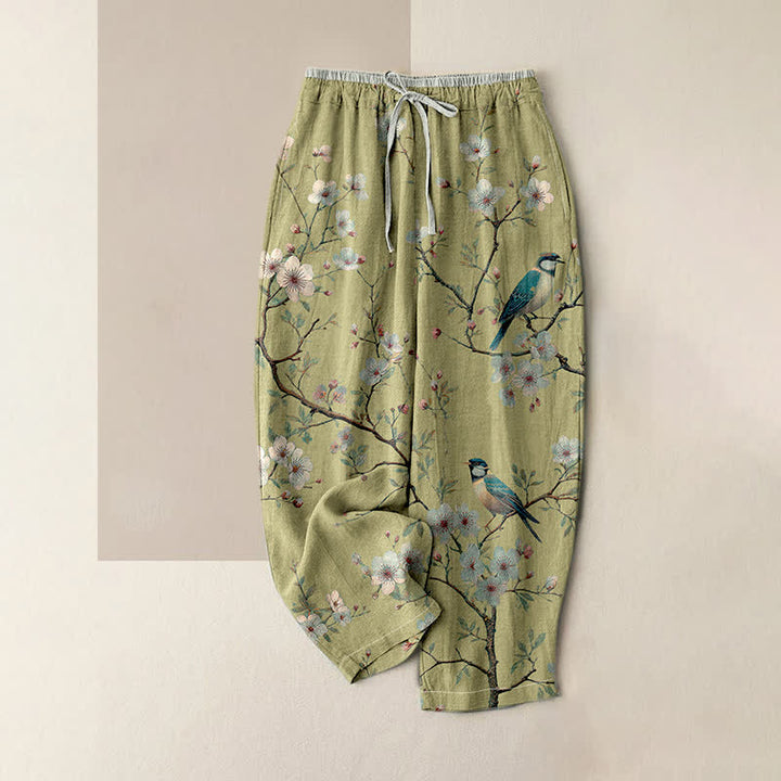 Buddha Stones Eleganti pantaloni da donna in puro cotone con elastico in vita e tasche, fantasia a fiori di ciliegio e uccelli. - Verde Giallo - US16, UK/AU20, EU48 (3XL) - image 3