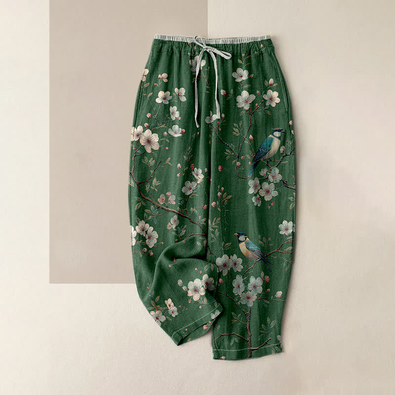 Buddha Stones Eleganti pantaloni da donna in puro cotone con elastico in vita e tasche, fantasia a fiori di ciliegio e uccelli. - Verde studentesco - US16, UK/AU20, EU48 (3XL) - image 4