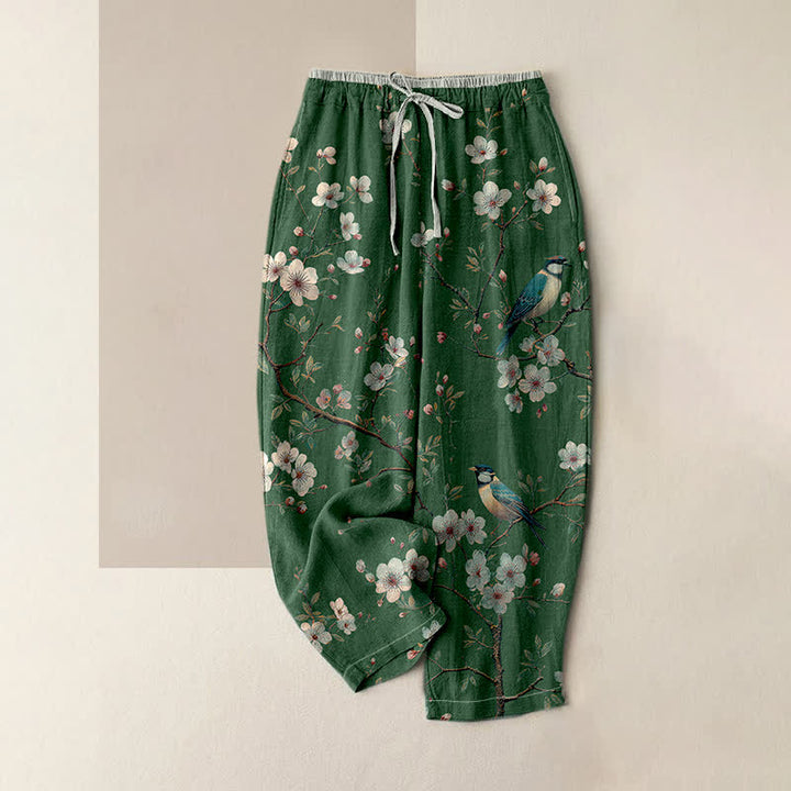 Buddha Stones Eleganti pantaloni da donna in puro cotone con elastico in vita e tasche, fantasia a fiori di ciliegio e uccelli. - Verde studentesco - US16, UK/AU20, EU48 (3XL) - image 4