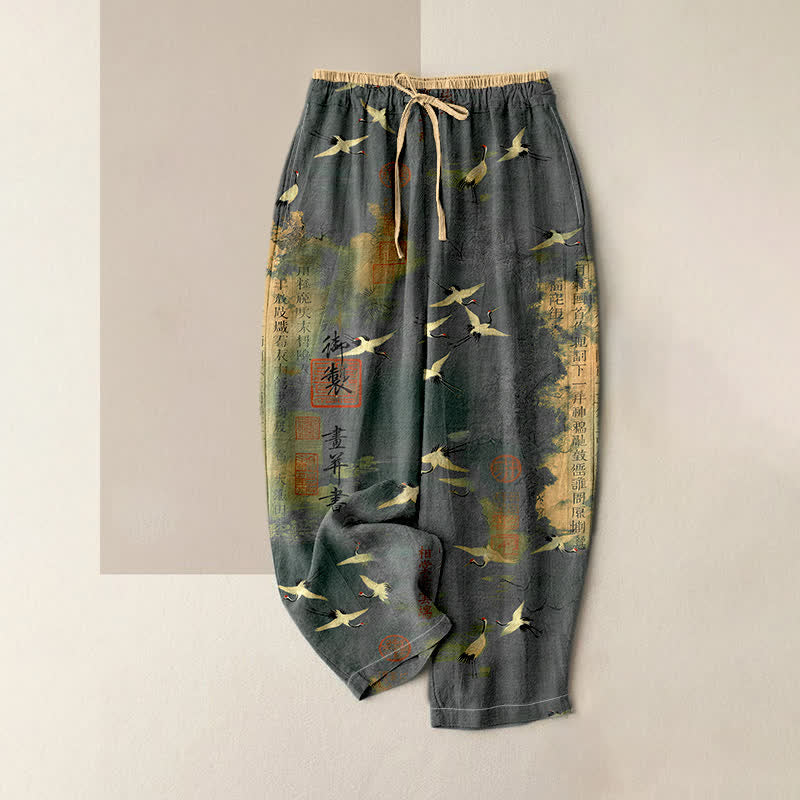 Buddha Stones Pantaloni da donna in puro cotone con elastico in vita e tasche, fantasia vintage con gru e calligrafia. - Grigio ardesia - US16, UK/AU20, EU48 (3XL) - image 3
