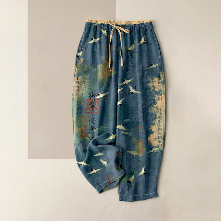 Buddha Stones Pantaloni da donna in puro cotone con elastico in vita e tasche, fantasia vintage con gru e calligrafia. - SteelBlue - US16, UK/AU20, EU48 (3XL) - image 4