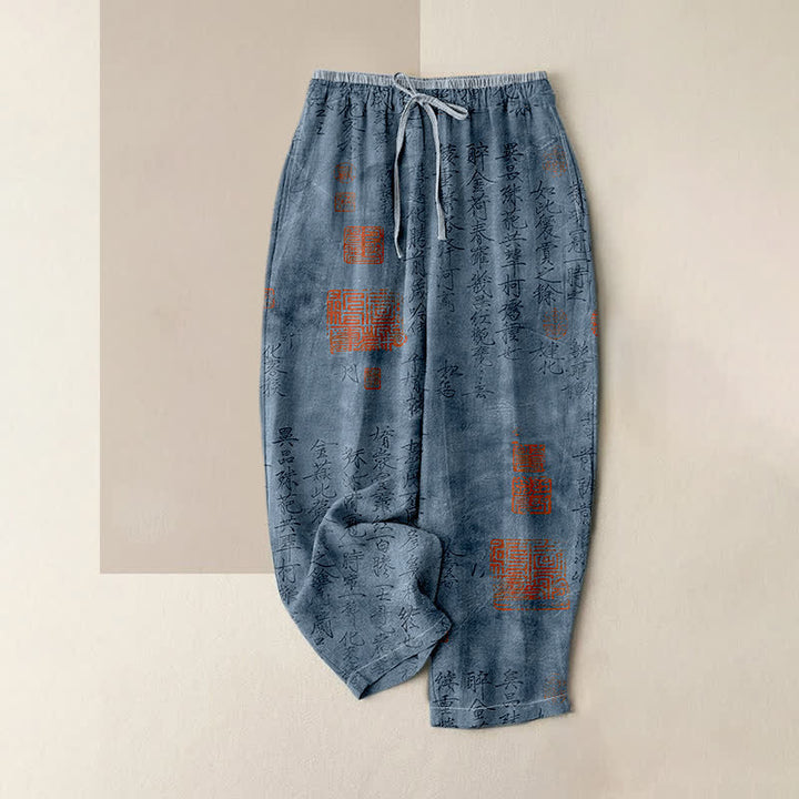 Buddha Stones Pantaloni da donna in puro cotone con elastico in vita e tasche, con motivo a sigillo e calligrafia vintage. - SteelBlue - US16, UK/AU20, EU48 (3XL) - image 3