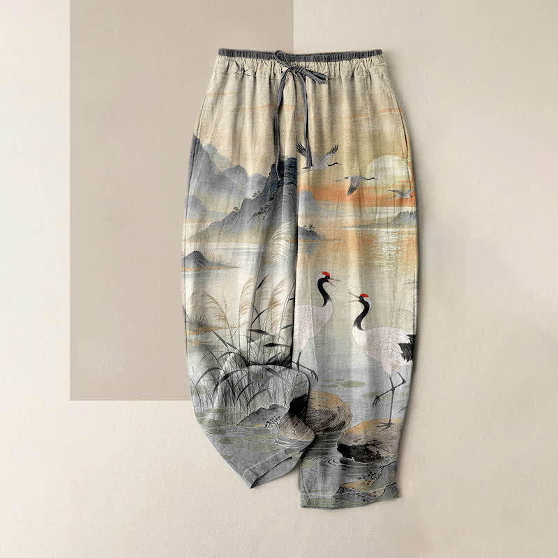 Buddha Stones Pantaloni da donna in puro cotone con elegante motivo paesaggistico a gru, elastico in vita e tasche. - Grigio scuro - US16, UK/AU20, EU48 (3XL) - image 3
