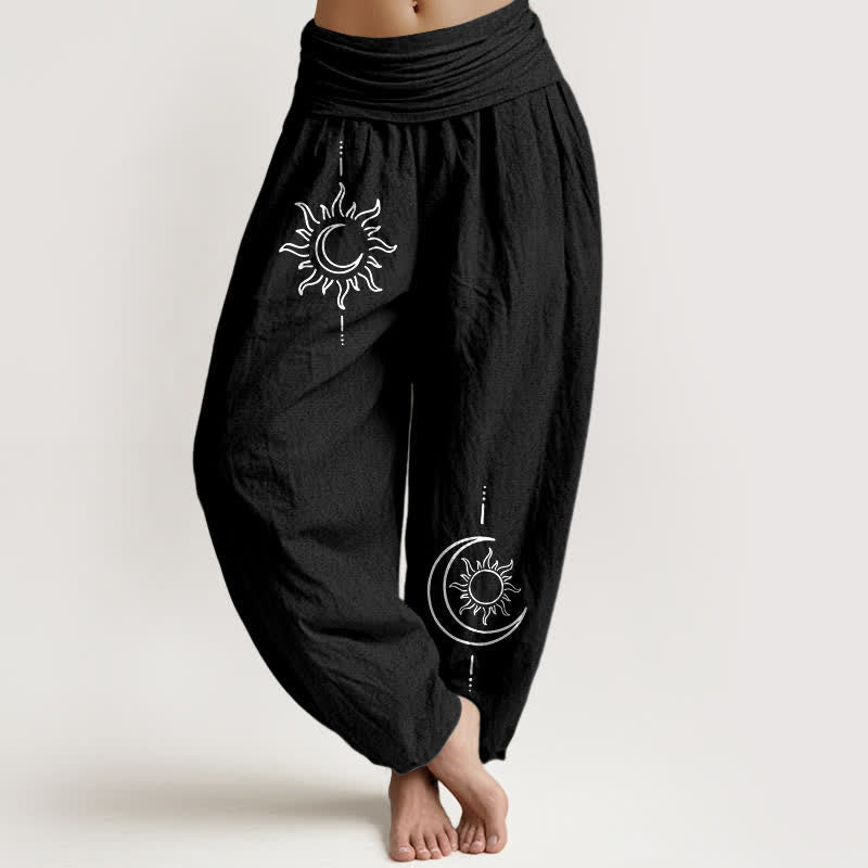 Buddha Stones Pantaloni harem da donna in puro cotone con fantasia luna e sole, vita elasticizzata. - Nero - US16, UK/AU20, EU48 (3XL) - image 5