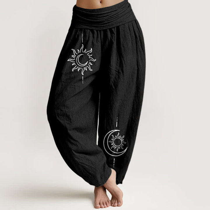 Buddha Stones Pantaloni harem da donna in puro cotone con fantasia luna e sole, vita elasticizzata. - Nero - US16, UK/AU20, EU48 (3XL) - image 5