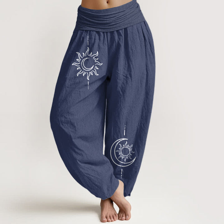 Buddha Stones Pantaloni harem da donna in puro cotone con fantasia luna e sole, vita elasticizzata. - Blu ardesia scuro - US16, UK/AU20, EU48 (3XL) - image 8