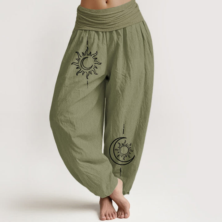 Buddha Stones Pantaloni harem da donna in puro cotone con fantasia luna e sole, vita elasticizzata. - Verde oliva - US16, UK/AU20, EU48 (3XL) - image 14