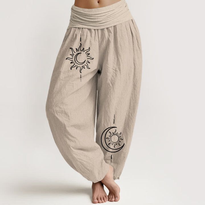 Buddha Stones Pantaloni harem da donna in puro cotone con fantasia luna e sole, vita elasticizzata. - Tan - US16, UK/AU20, EU48 (3XL) - image 11