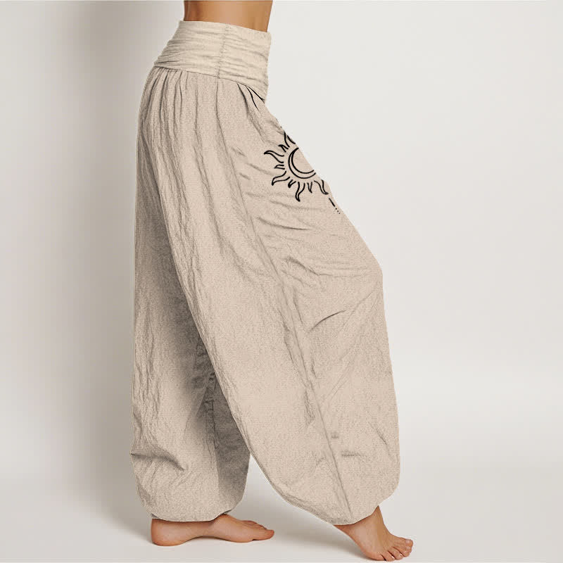 Buddha Stones Pantaloni harem da donna in puro cotone con fantasia luna e sole, vita elasticizzata. - image 12