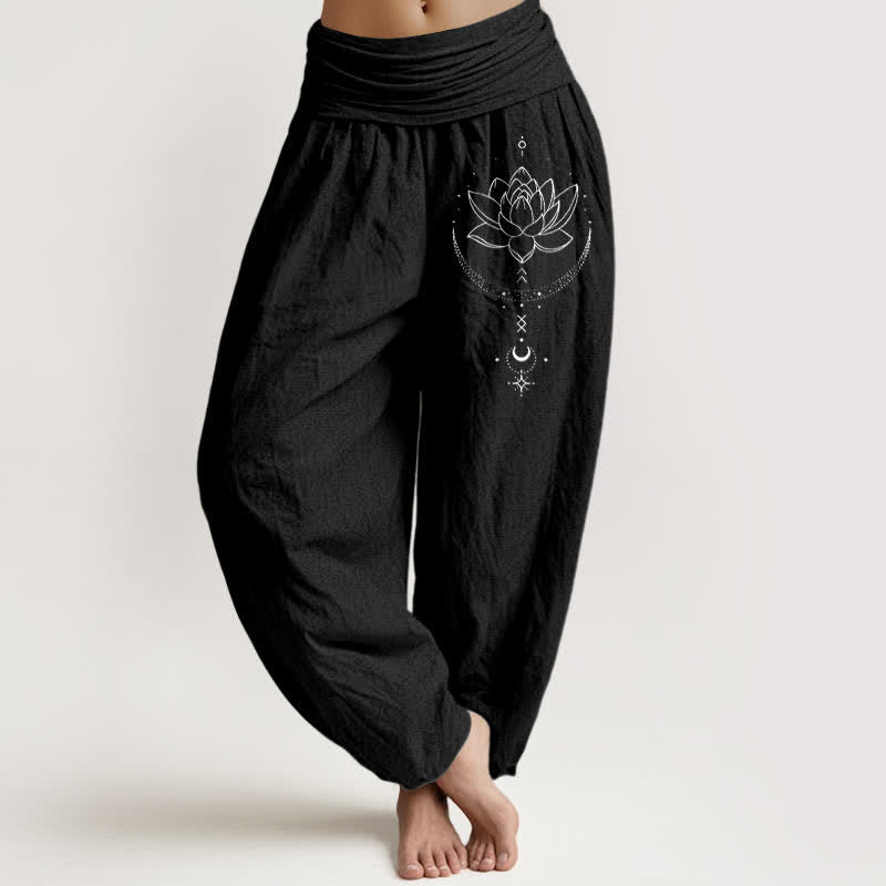 Buddha Stones Pantaloni harem da donna in puro cotone con motivo a loto e mezzaluna, elastico in vita. - Nero - US16, UK/AU20, EU48 (3XL) - image 0