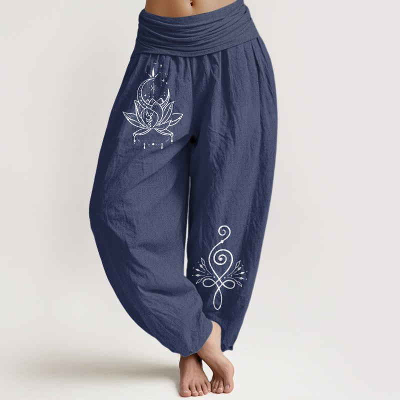 Buddha Stones Pantaloni harem da donna in puro cotone con motivo loto e luna, elastico in vita. - Blu ardesia scuro - US16, UK/AU20, EU48 (3XL) - image 0