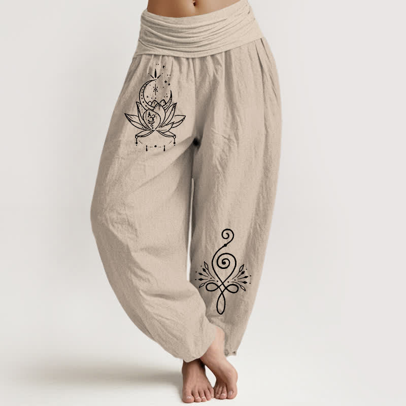 Buddha Stones Pantaloni harem da donna in puro cotone con motivo loto e luna, elastico in vita. - Tan - US16, UK/AU20, EU48 (3XL) - image 11