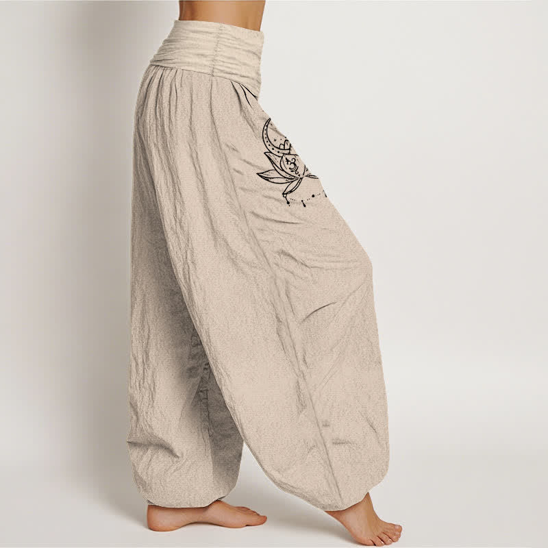 Buddha Stones Pantaloni harem da donna in puro cotone con motivo loto e luna, elastico in vita. - image 12