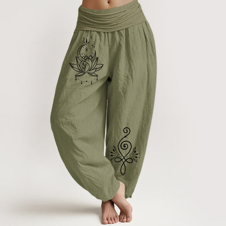 Buddha Stones Pantaloni harem da donna in puro cotone con motivo loto e luna, elastico in vita. - Verde oliva - US16, UK/AU20, EU48 (3XL) - image 14