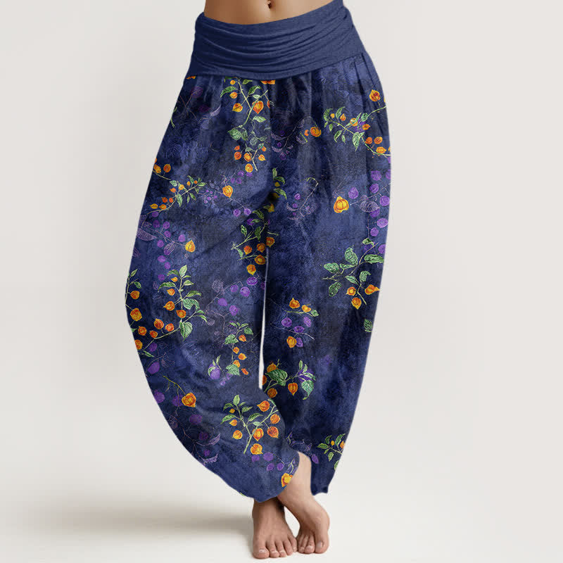 Buddha Stones Pantaloni harem da donna in cotone con motivo a vite di fiori d'arancio e elastico in vita. - Marina - US16, UK/AU20, EU48 (3XL) - image 0
