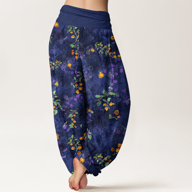 Buddha Stones Pantaloni harem da donna in cotone con motivo a vite di fiori d'arancio e elastico in vita. - image 2