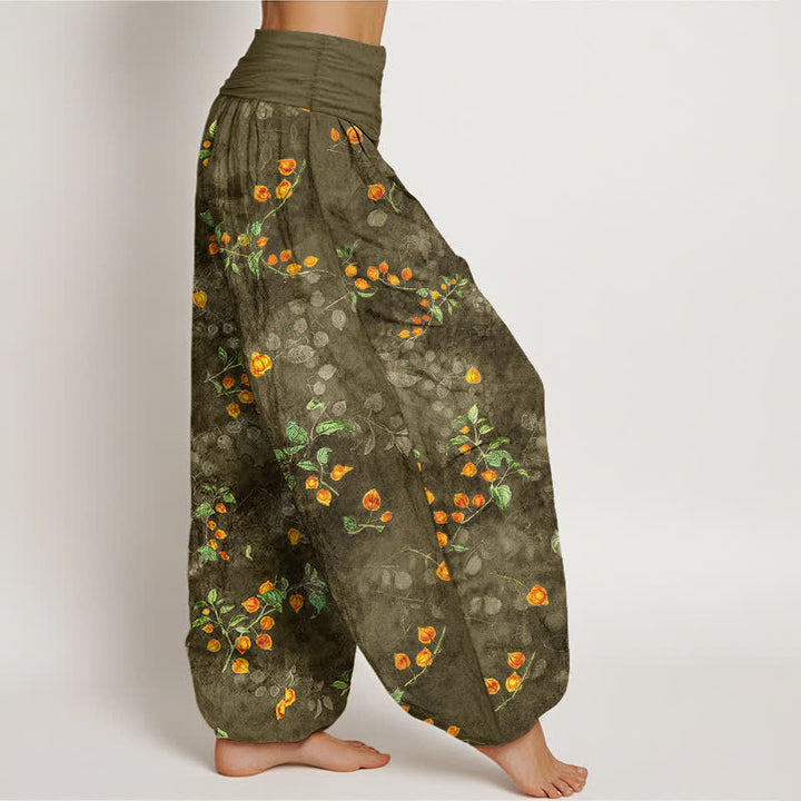 Buddha Stones Pantaloni harem da donna in cotone con motivo a vite di fiori d'arancio e elastico in vita. - image 6