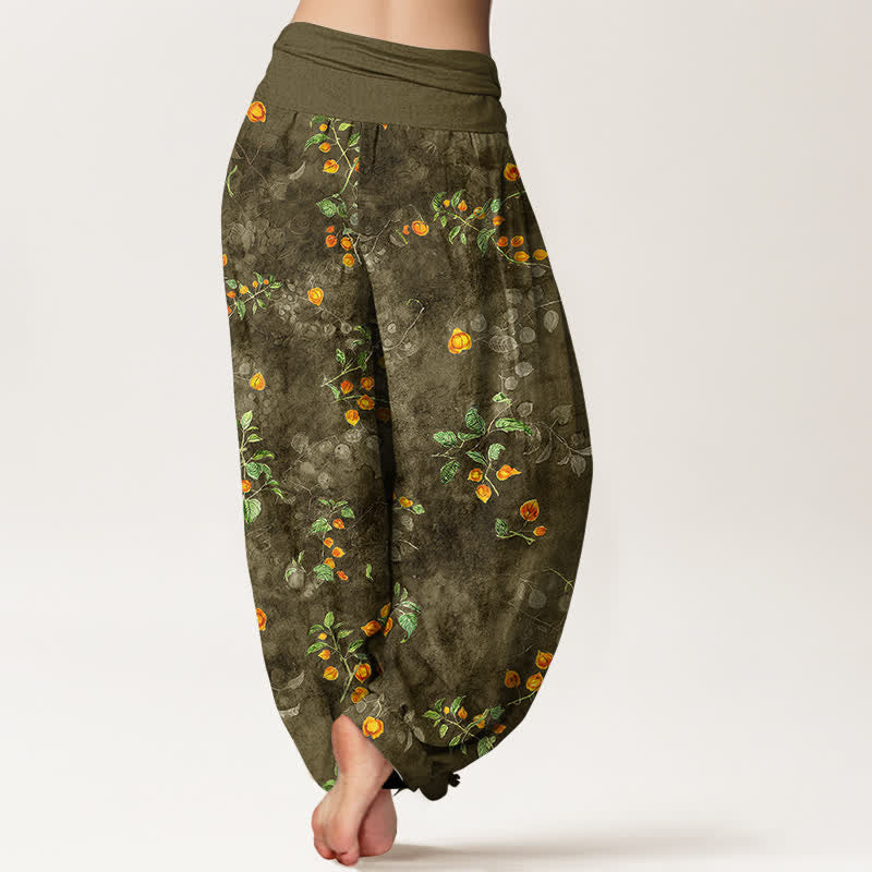 Buddha Stones Pantaloni harem da donna in cotone con motivo a vite di fiori d'arancio e elastico in vita. - image 7