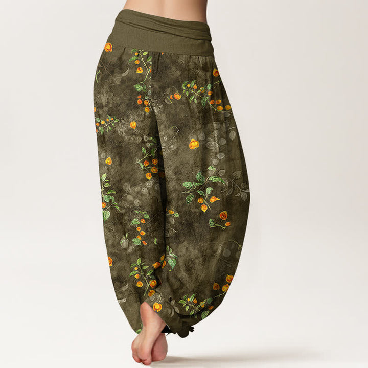 Buddha Stones Pantaloni harem da donna in cotone con motivo a vite di fiori d'arancio e elastico in vita. - image 7