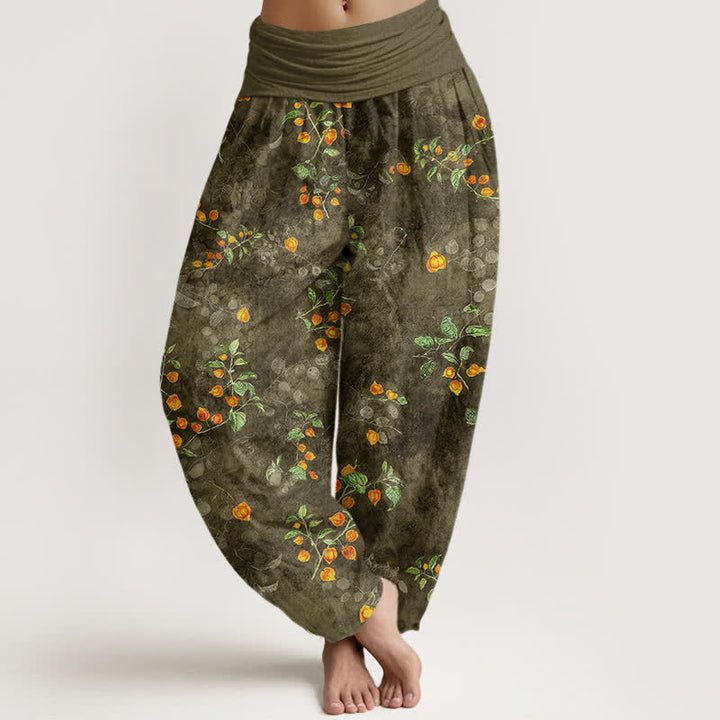 Buddha Stones Pantaloni harem da donna in cotone con motivo a vite di fiori d'arancio e elastico in vita. - Verde oliva scuro - US16, UK/AU20, EU48 (3XL) - image 5