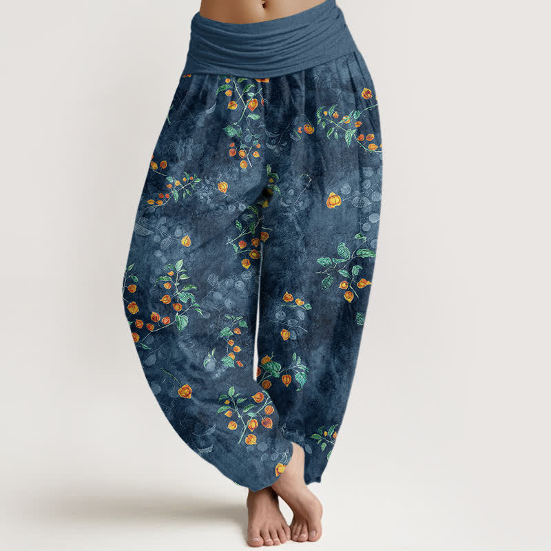 Buddha Stones Pantaloni harem da donna in cotone con motivo a vite di fiori d'arancio e elastico in vita. - SteelBlue - US16, UK/AU20, EU48 (3XL) - image 8