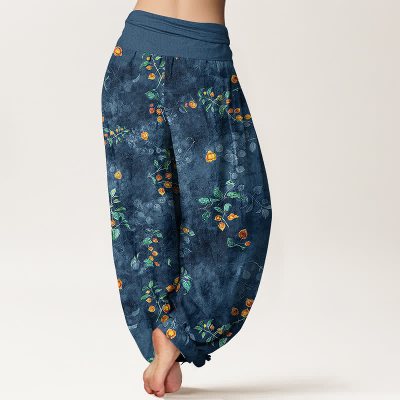 Buddha Stones Pantaloni harem da donna in cotone con motivo a vite di fiori d'arancio e elastico in vita. - image 10