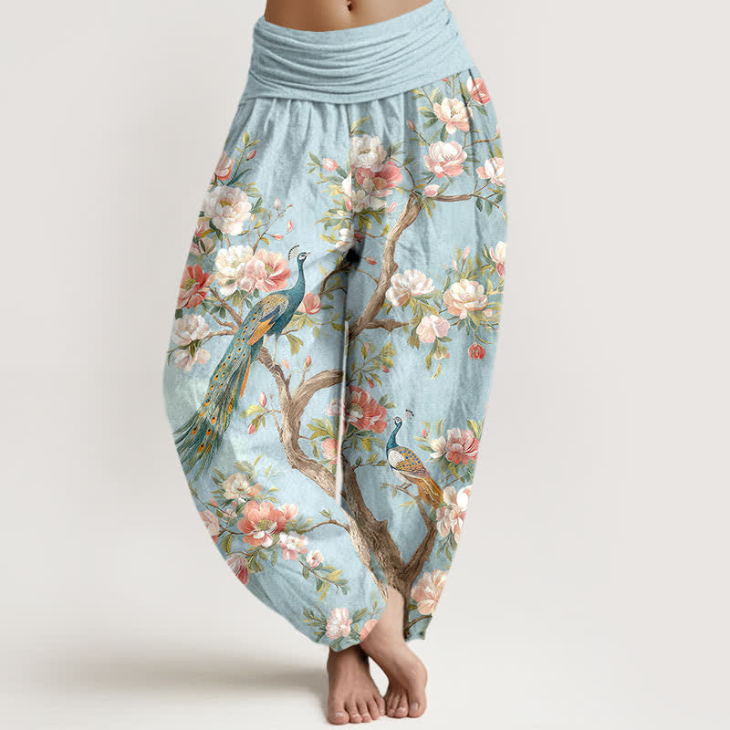 Buddha Stones Pantaloni harem da donna in cotone con motivo a fiori di pavone e vita elasticizzata - Azzurro polvere - US16, UK/AU20, EU48 (3XL) - image 0