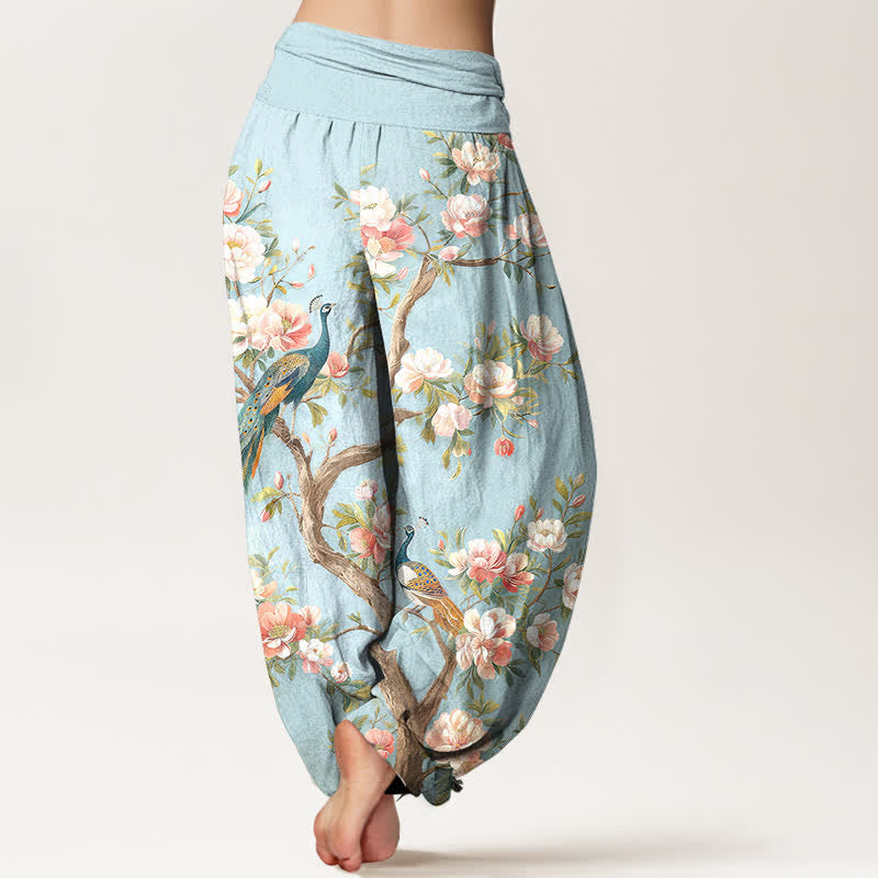 Buddha Stones Pantaloni harem da donna in cotone con motivo a fiori di pavone e vita elasticizzata - image 2