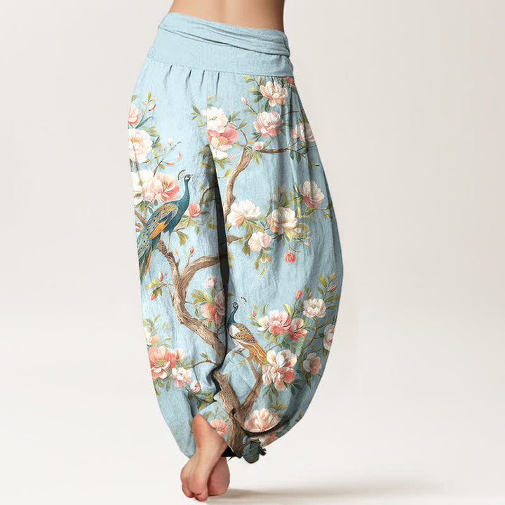 Buddha Stones Pantaloni harem da donna in cotone con motivo a fiori di pavone e vita elasticizzata - image 2
