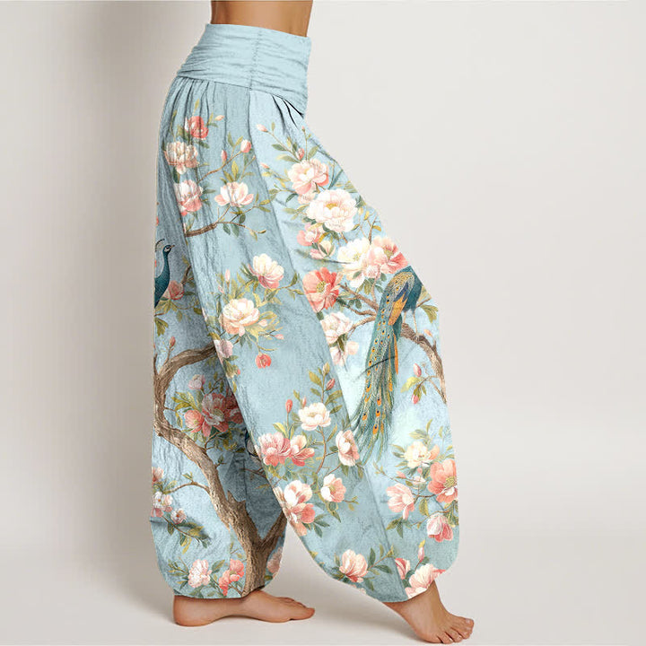 Buddha Stones Pantaloni harem da donna in cotone con motivo a fiori di pavone e vita elasticizzata - image 1