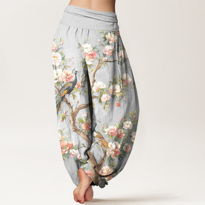 Buddha Stones Pantaloni harem da donna in cotone con motivo a fiori di pavone e vita elasticizzata - image 7