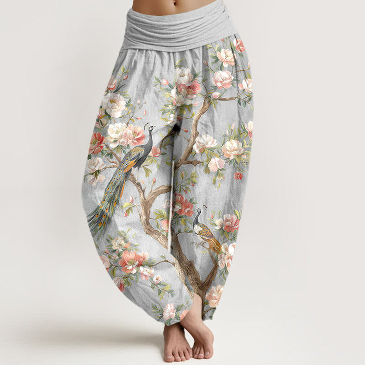 Buddha Stones Pantaloni harem da donna in cotone con motivo a fiori di pavone e vita elasticizzata - Argento - US16, UK/AU20, EU48 (3XL) - image 5