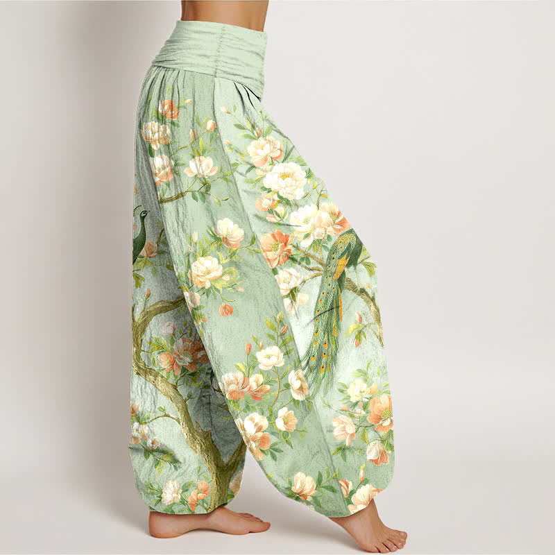Buddha Stones Pantaloni harem da donna in cotone con motivo a fiori di pavone e vita elasticizzata - image 9
