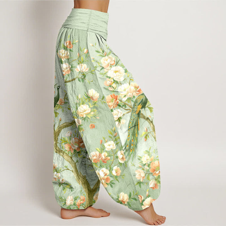 Buddha Stones Pantaloni harem da donna in cotone con motivo a fiori di pavone e vita elasticizzata - image 9